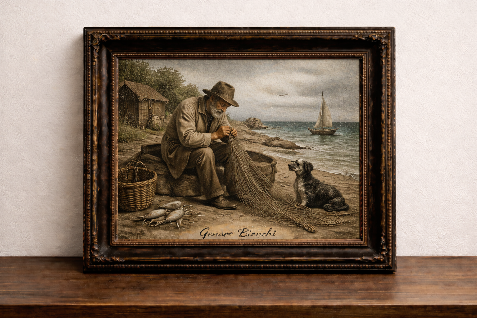 Fisherman mending nets at sunset