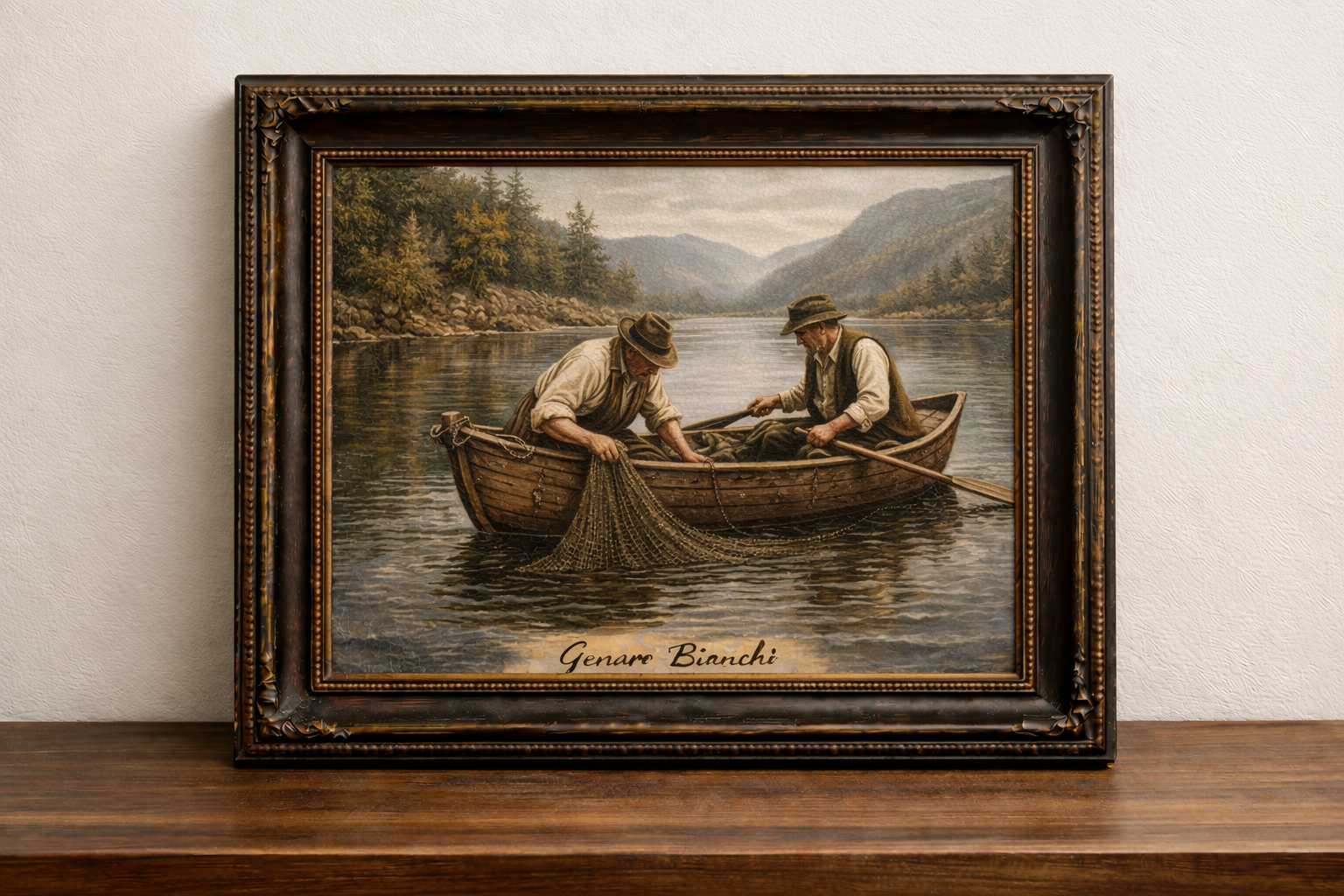 Fishermen on calm lake at dawn