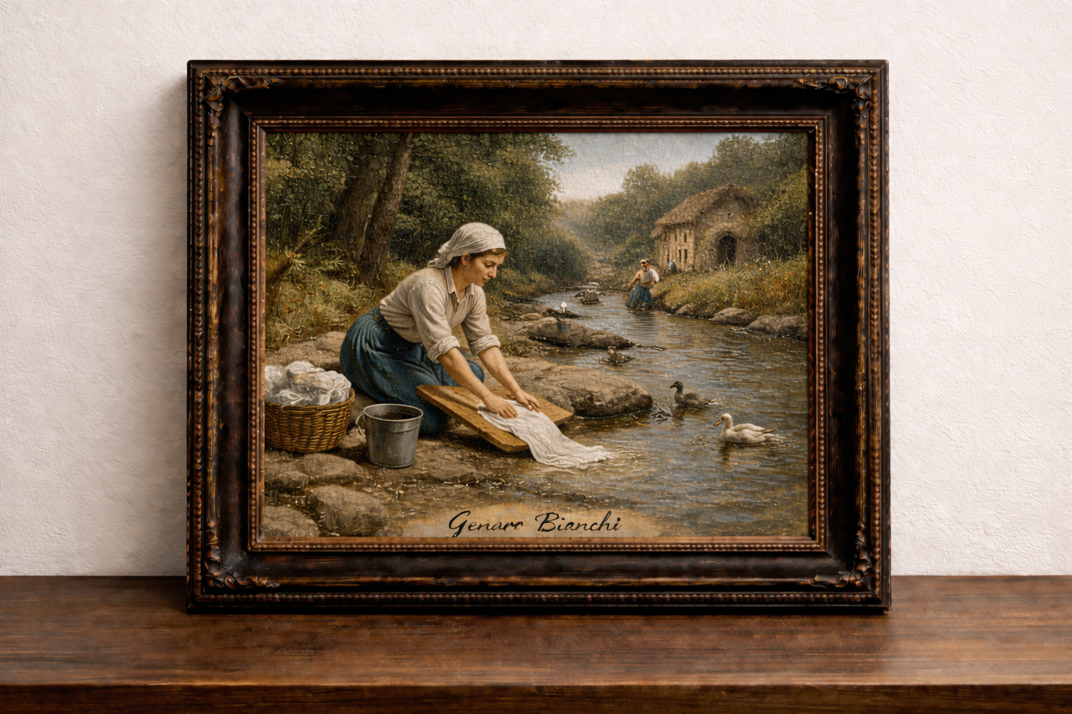Laundress at the stream in daylight
