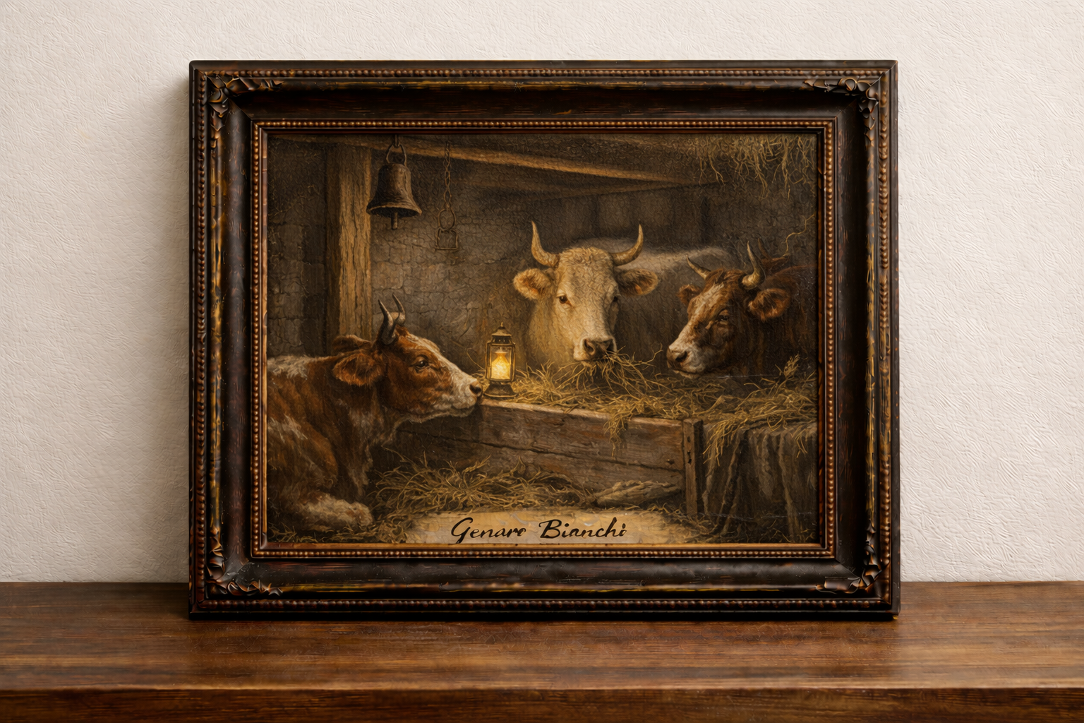 Rustic barn with cows and lantern